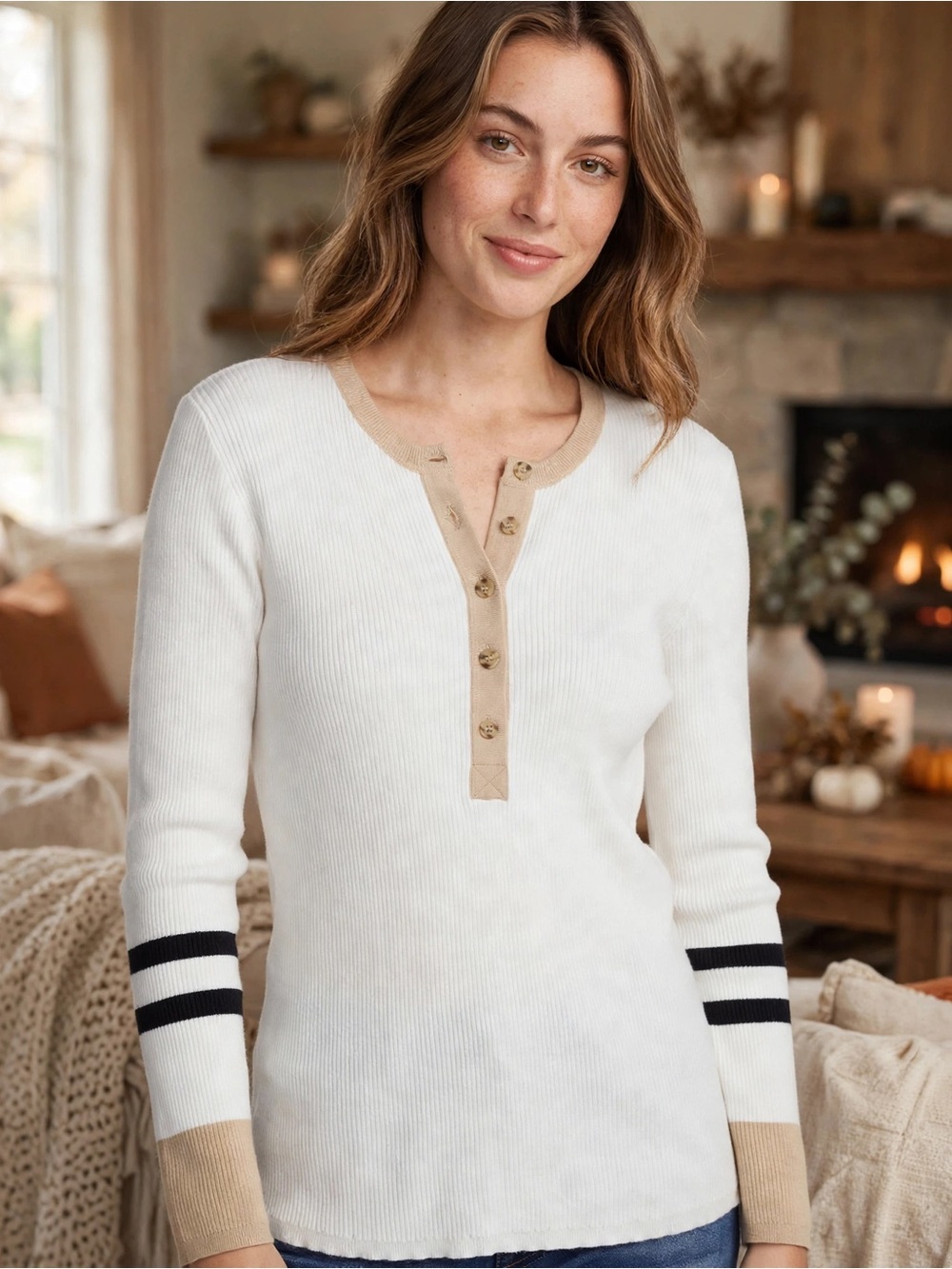 Faherty XL White Henley Organic Cotton Tan Trim Black Stripe Sweater